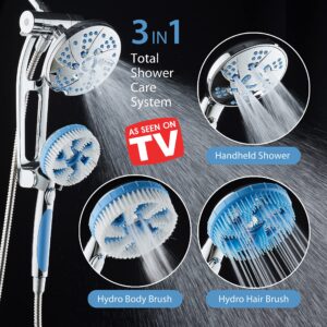 High Pressure 6-in-1 Aquassage by AquaCare - 76-mode 3-way Combo, Showerhead, Hand Shower, Body Brush, Hair Brush & Arm in One! Two Brackets, Extra-long 6 foot Stainless Steel Hose, Brush Head Holder