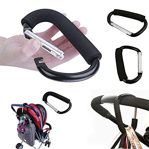 Magnoloran 4 Pack Grocery Bag Shopping Bag Holder Handle Carrier Tool Baby Stroller Hook Stroller Organizer Hook Clips Multi Purpose Snap Hook Carabiner Clip with Cushion Grip, Black & Purple