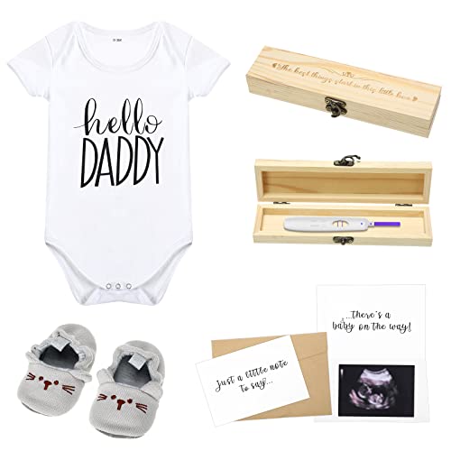 Surprise Pregnancy Announcements for Dad Pregnancy Test Keepsake Box Wooden Baby Announcement Box Hello Daddy Baby Bodysuit Baby Shoes Pregnancy Reveal Card Envelope Baby Gift Sets for Husband Partner