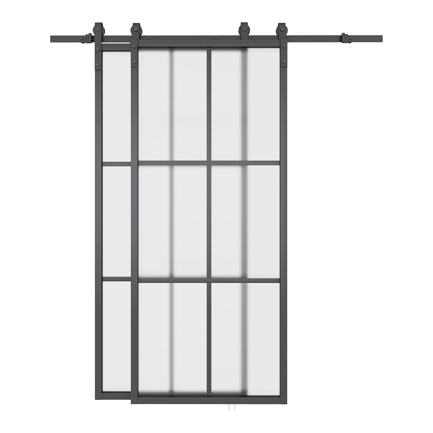 BARNSMITH Bypass 72 x 84in Double Glass Barn Door with 6.6FT Side-Mounted Hardware Kit, 2 Sets of 36x84in Black Aluminum Tempered Frosted Glass Sliding Door, Assemble Required(2 * 36inx 84in)