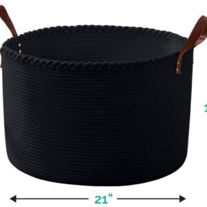 Organizix XLarge Round Cotton Rope Storage Basket Bin Organizer Laundry Hamper with Leather Handles, 21 x 21 x 14, Extra Large Blanket Woven Toy Basket for Baby Nursery - Black