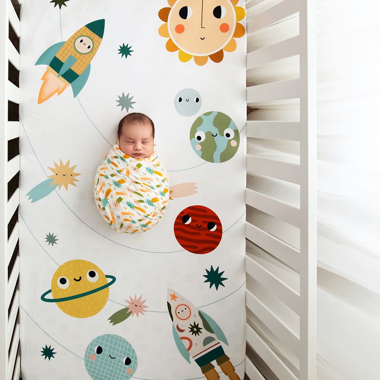 Rookie Humans 100% Cotton Sateen Fitted Crib Sheet: Space Explorer. Modern Nursery, Use as a Photo Background for Your Baby Pictures. Standard Crib Size (52 x 28 inches)