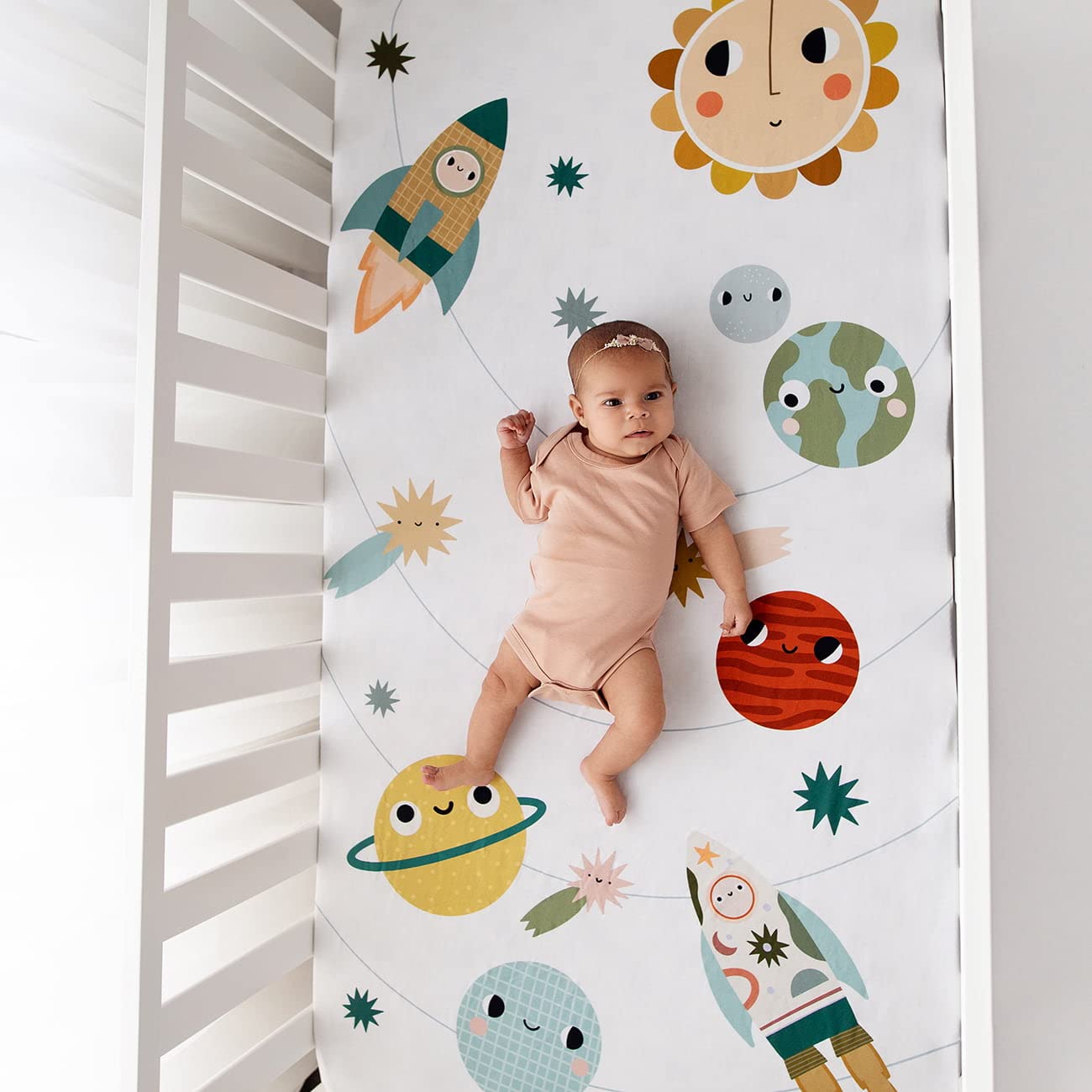 Rookie Humans 100% Cotton Sateen Fitted Crib Sheet: Space Explorer. Modern Nursery, Use as a Photo Background for Your Baby Pictures. Standard Crib Size (52 x 28 inches)