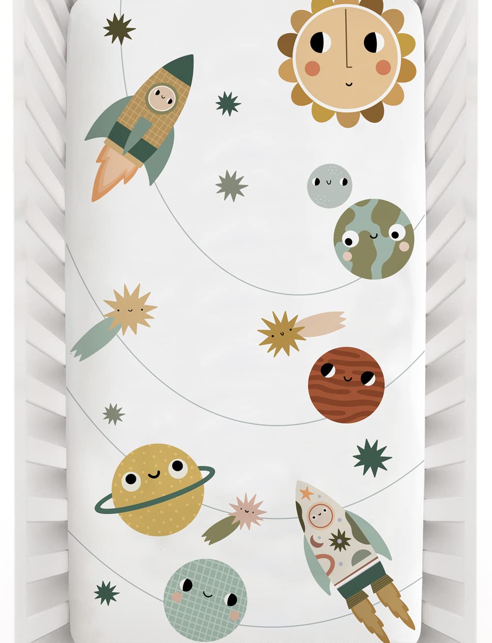 Rookie Humans 100% Cotton Sateen Fitted Crib Sheet: Space Explorer. Modern Nursery, Use as a Photo Background for Your Baby Pictures. Standard Crib Size (52 x 28 inches)