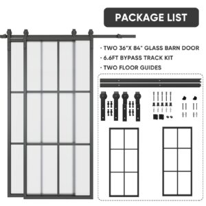 BARNSMITH Bypass 72 x 84in Double Glass Barn Door with 6.6FT Side-Mounted Hardware Kit, 2 Sets of 36x84in Black Aluminum Tempered Frosted Glass Sliding Door, Assemble Required(2 * 36inx 84in)