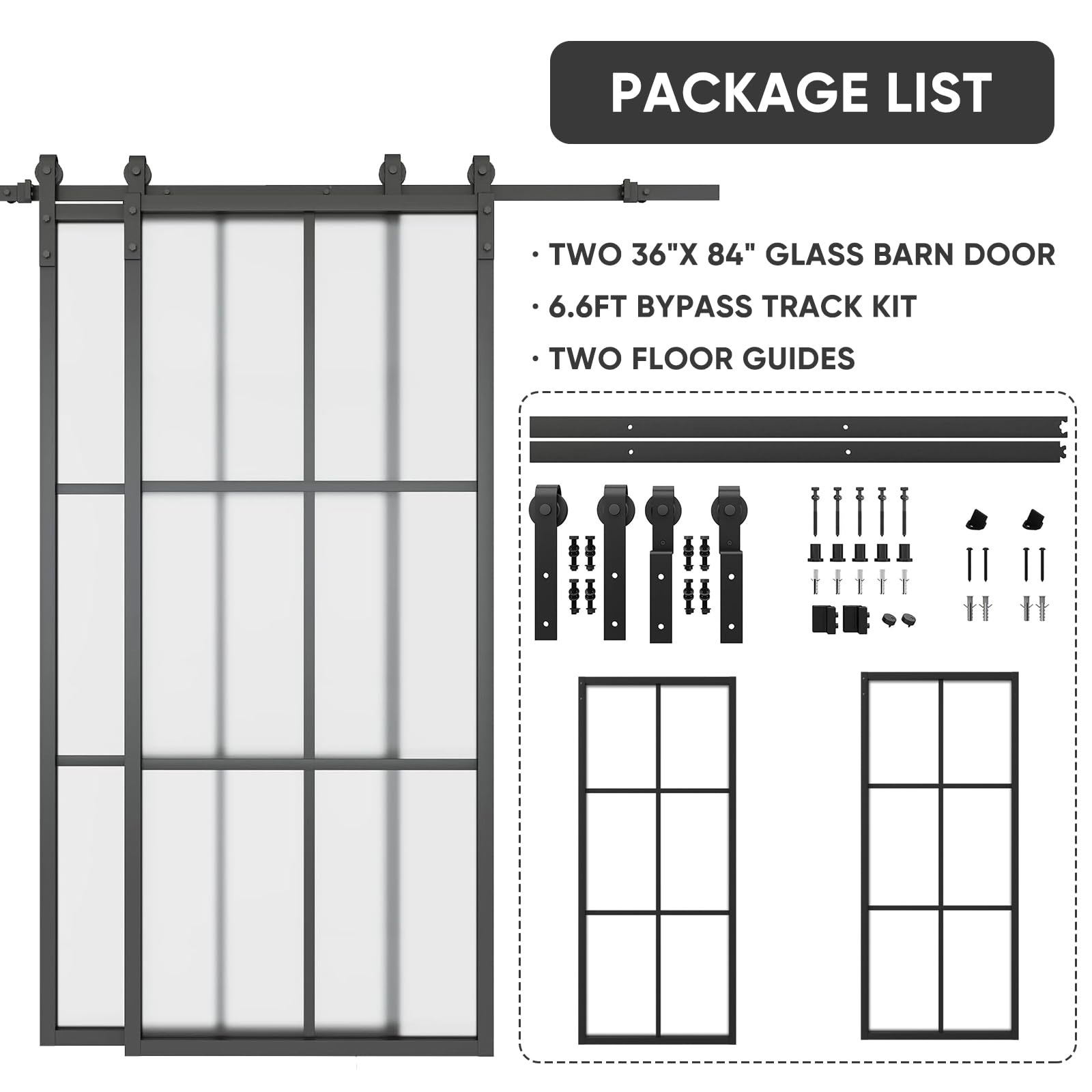 BARNSMITH Bypass 72 x 84in Double Glass Barn Door with 6.6FT Side-Mounted Hardware Kit, 2 Sets of 36x84in Black Aluminum Tempered Frosted Glass Sliding Door, Assemble Required(2 * 36inx 84in)