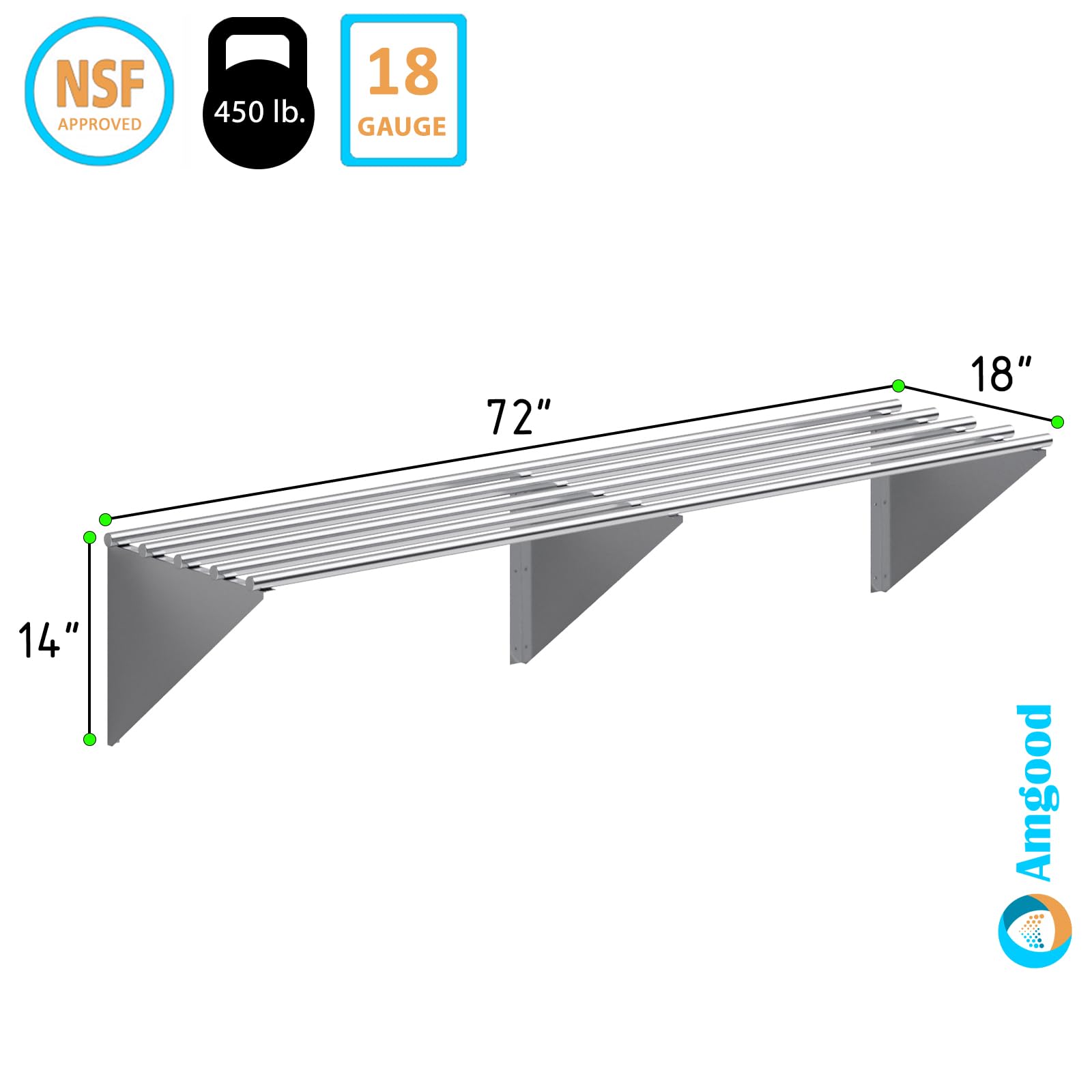 AmGood 72" Long X 18" Deep Stainless Steel Tubular Wall Shelf | NSF Certified | Appliance & Equipment Metal Shelving | Kitchen, Restaurant, Garage, Laundry, Utility Room