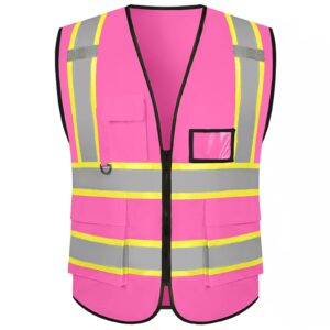 evershare pink safety vest reflective high visibility with 5 pockets and zipper class 2 for men and women unisex fluorescent construction security volunteer outdoor traffic workwear