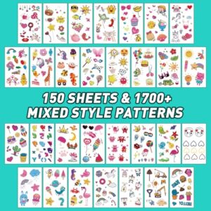 Metker Tattoos for Kids - 150 Sheets(1700 Mixed Styles Patterns) | Temporary Tattoos Stickers for Girls and Boys | Goody Bag Favor for Parties | Non-toxic、Skin-Safe*、Cosmetic-Grade