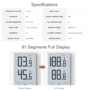 waveshare 1.9inch E-Paper Module 91 Segments E-Ink Display for Raspberry Pi/Arduino/STM32, Black/White Display Color, I2C Bus, Support Partial Refresh, 3.3V/5V