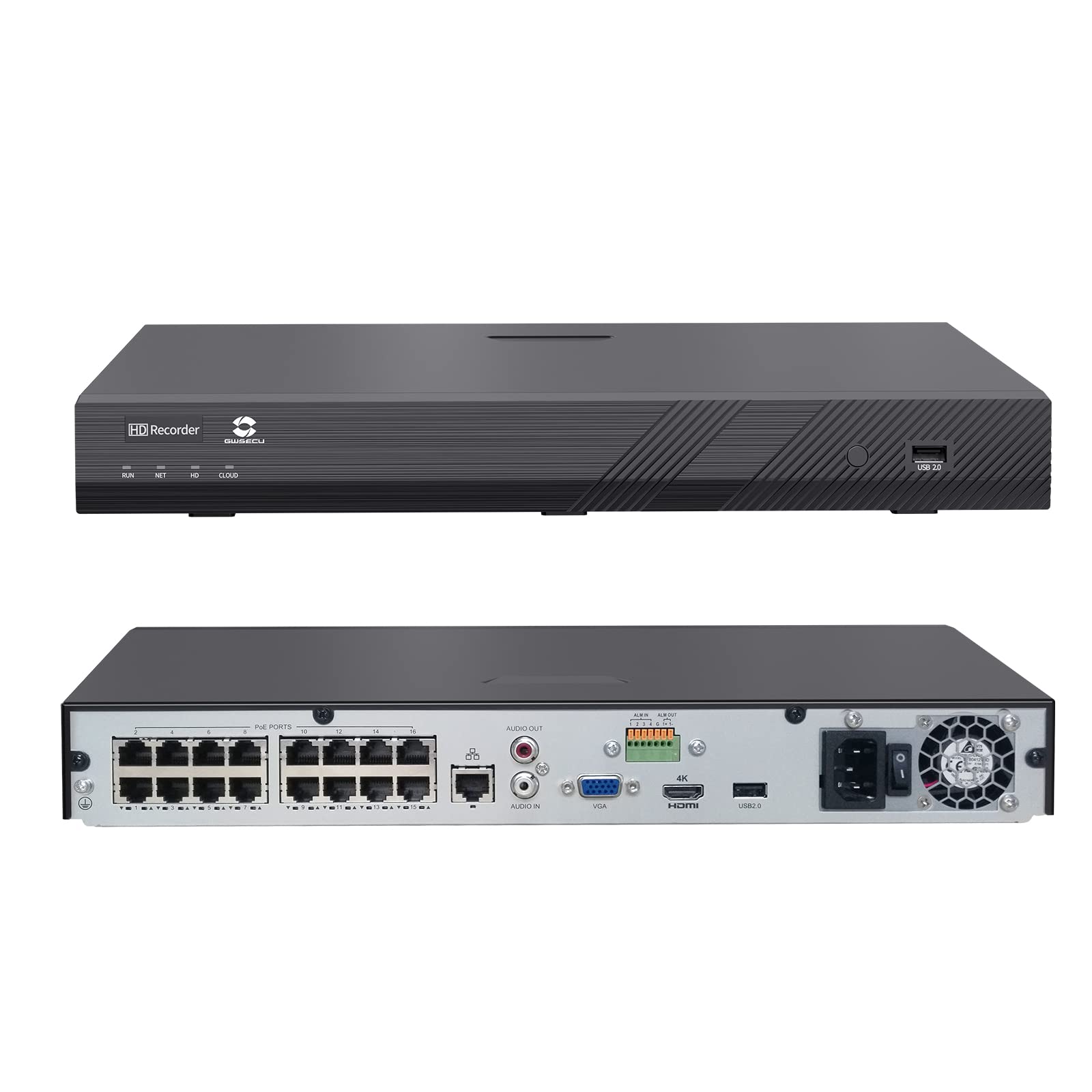 GWSECU 4K 16 Channel H.265 PoE NVR, 3MP/4MP/5MP/6MP/8MP Network Video Audio Recorder, Supports up to 16x 8MP/4K IP Cameras, 2 SATA ports Up to 20TB, Remote Access, (No HDD Included), NVR16P