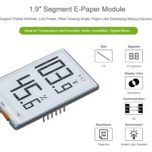 waveshare 1.9inch E-Paper Module 91 Segments E-Ink Display for Raspberry Pi/Arduino/STM32, Black/White Display Color, I2C Bus, Support Partial Refresh, 3.3V/5V