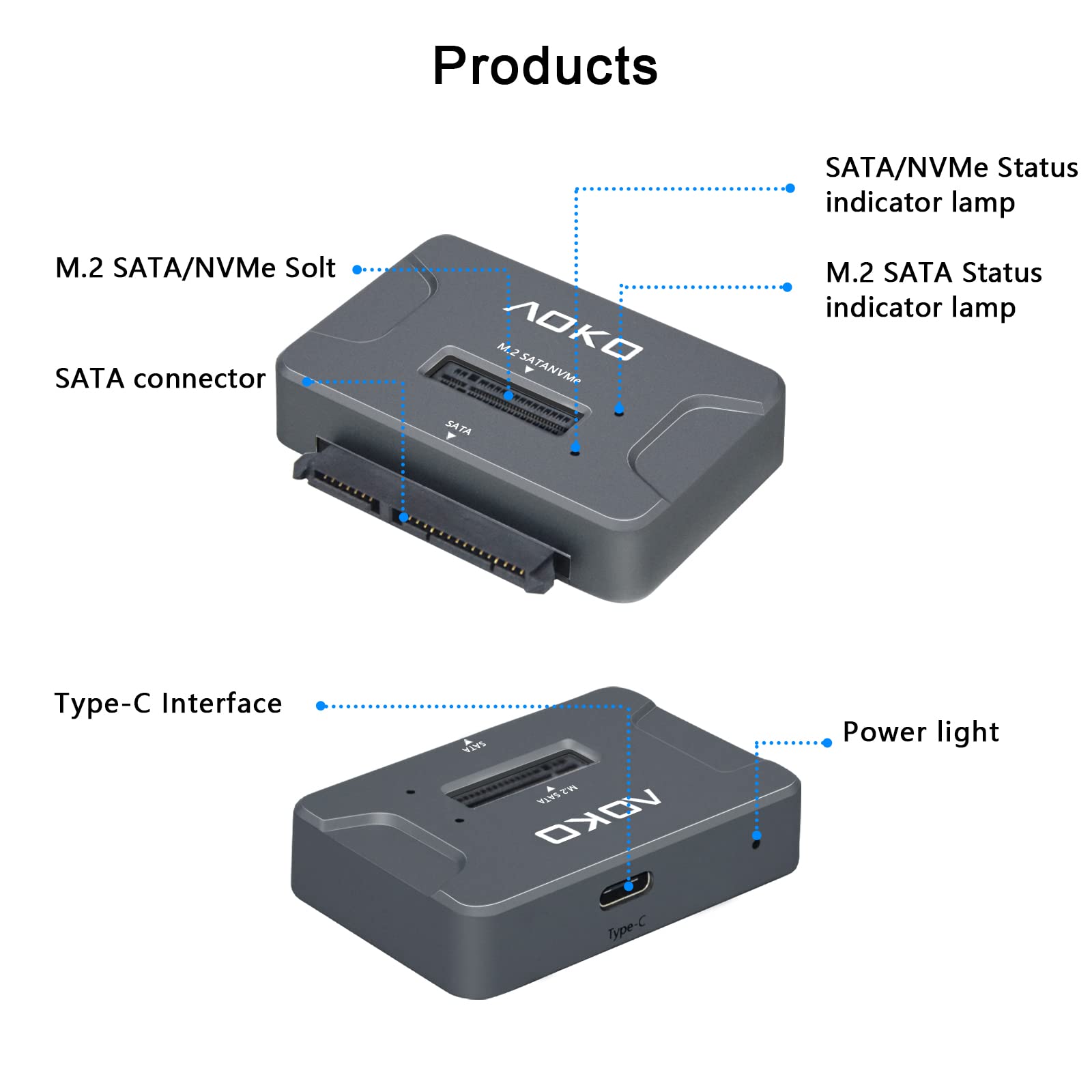 AOKO NVMe to USB 3.2(10Gbps) SSD Reader Docking Station – Portable M.2 SSD to USB Adapter External NVMe SSD Enclosure for M.2 PCIe NVMe and M.2 SATA SSD, Compatible with 2.5'' SATA Dirve