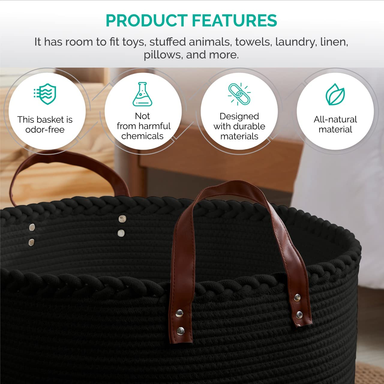 Organizix XLarge Round Cotton Rope Storage Basket Bin Organizer Laundry Hamper with Leather Handles, 21 x 21 x 14, Extra Large Blanket Woven Toy Basket for Baby Nursery - Black