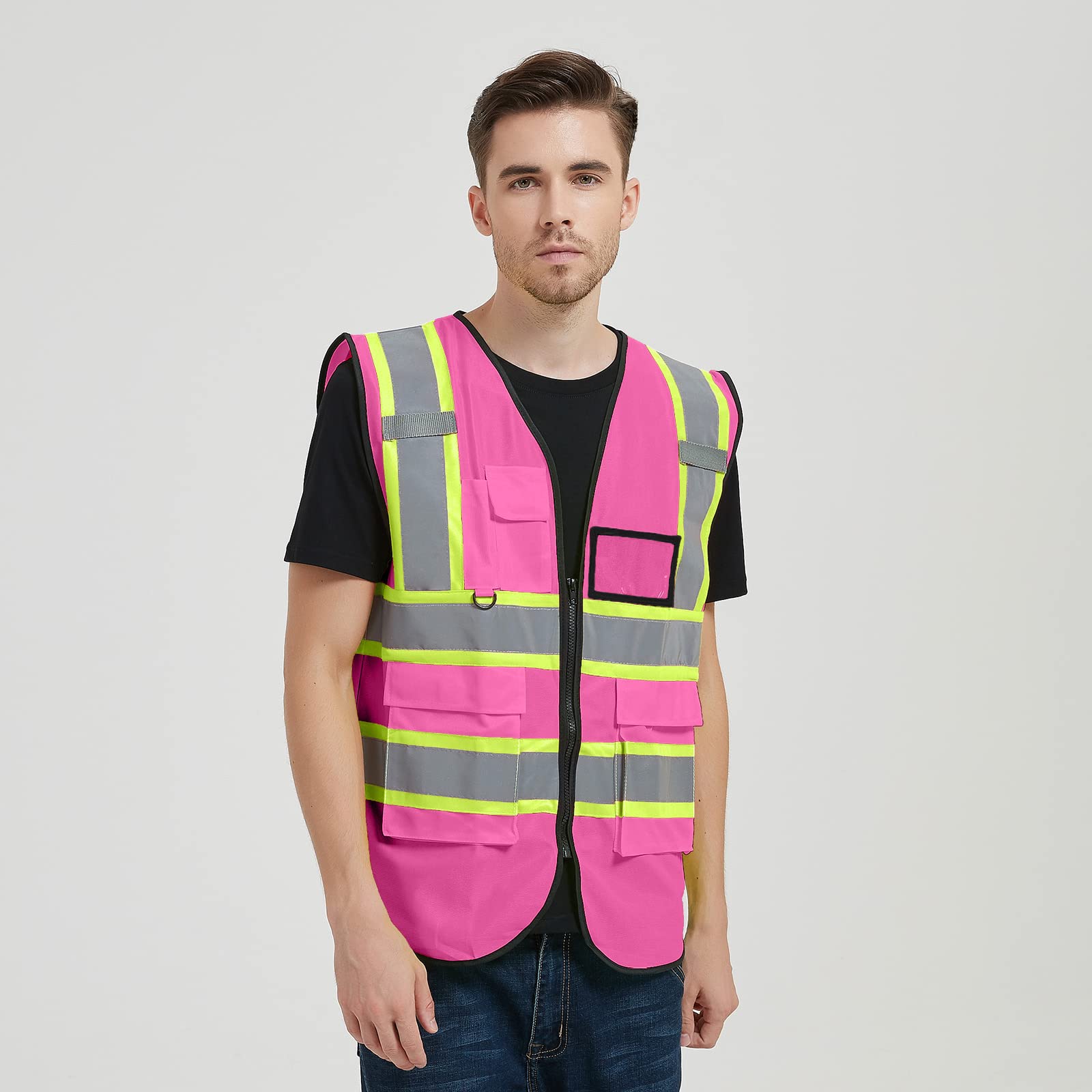 evershare Pink Safety Vest Reflective High Visibility with 5 Pockets and Zipper Class 2 for Men and Women Unisex Fluorescent Construction Security Volunteer Outdoor Traffic Workwear