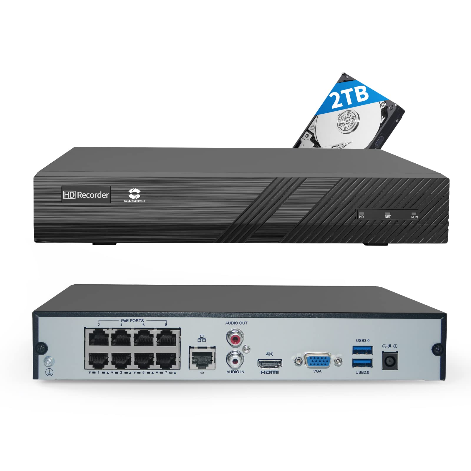 GWSECU 4K 8 Channel PoE NVR with 2TB HDD, H.265 3MP/4MP/5MP/6MP/8MP 8CH Network Video Recorder, Supports up to 8X 8MP/4K IP Cameras, 1 SATA Ports Up to 10 TB, Remote Access, NVR8P-2T