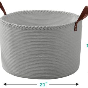 Organizix XLarge Round Cotton Rope Storage Basket Bin Organizer Laundry Hamper with Leather Handles, 21 x 21 x 14, Extra Large Blanket Woven Toy Basket for Baby Nursery - Gray