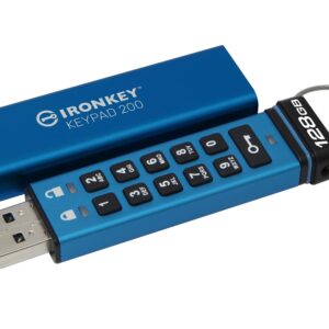 Kingston Ironkey Keypad 200 128GB Encrypted USB | Alphanumeric Keypad | Multi-Pin Access | XTS-AES 256-bit | FIPS 140-3 Level 3 Certified | Brute Force & BadUSB Protection | IKKP200/128GB,Blue