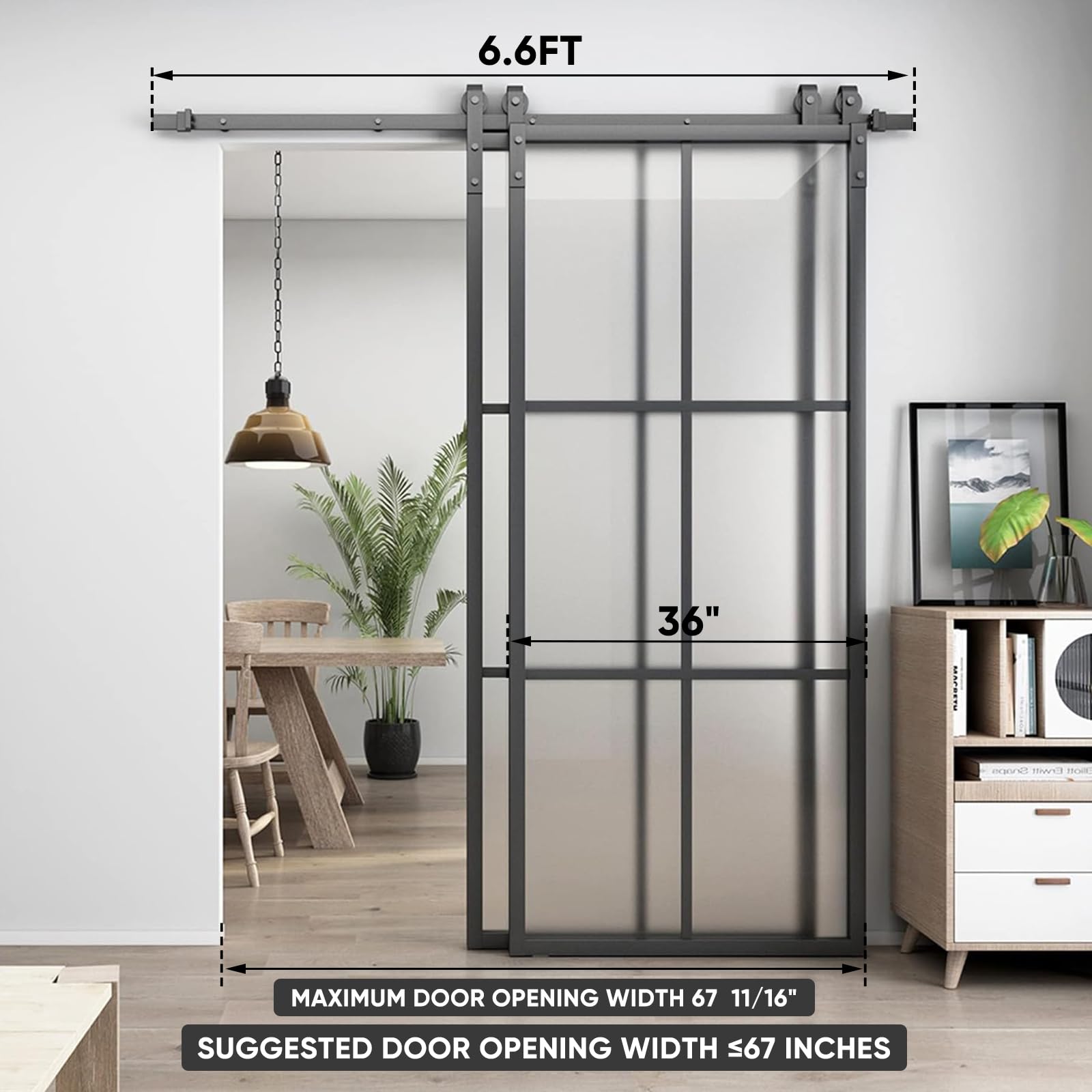 BARNSMITH Bypass 72 x 84in Double Glass Barn Door with 6.6FT Side-Mounted Hardware Kit, 2 Sets of 36x84in Black Aluminum Tempered Frosted Glass Sliding Door, Assemble Required(2 * 36inx 84in)