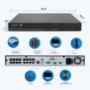 GWSECU 4K 16 Channel H.265 PoE NVR, 3MP/4MP/5MP/6MP/8MP Network Video Audio Recorder, Supports up to 16x 8MP/4K IP Cameras, 2 SATA ports Up to 20TB, Remote Access, (No HDD Included), NVR16P