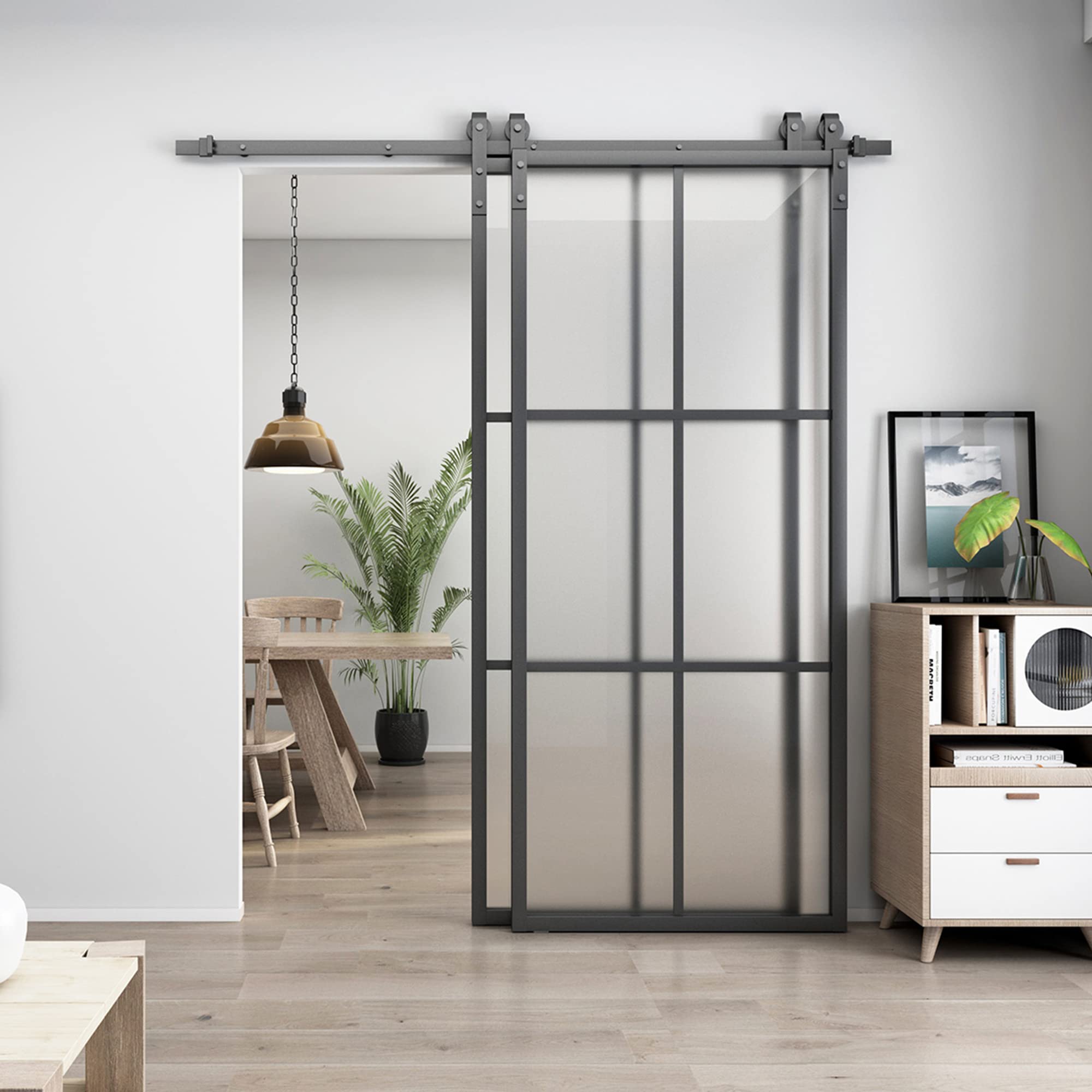 BARNSMITH Bypass 72 x 84in Double Glass Barn Door with 6.6FT Side-Mounted Hardware Kit, 2 Sets of 36x84in Black Aluminum Tempered Frosted Glass Sliding Door, Assemble Required(2 * 36inx 84in)