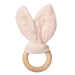 ali+oli crinkle bunny ears wooden teethers for babies (pink) bunny ear teething ring, wooden toys for babies, gender neutral baby gift, teething toys for babies, newborn animal teether toys