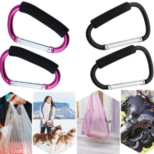 Magnoloran 4 Pack Grocery Bag Shopping Bag Holder Handle Carrier Tool Baby Stroller Hook Stroller Organizer Hook Clips Multi Purpose Snap Hook Carabiner Clip with Cushion Grip, Black & Purple