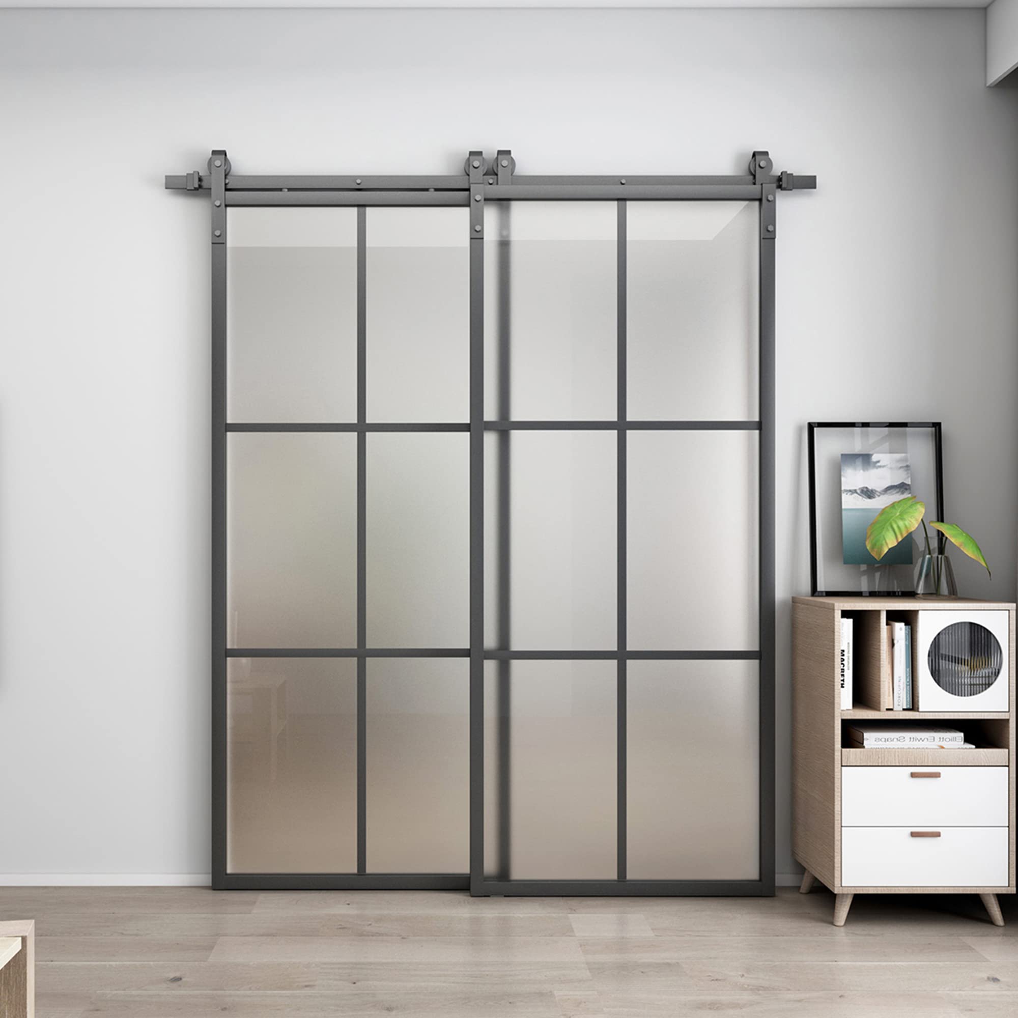 BARNSMITH Bypass 72 x 84in Double Glass Barn Door with 6.6FT Side-Mounted Hardware Kit, 2 Sets of 36x84in Black Aluminum Tempered Frosted Glass Sliding Door, Assemble Required(2 * 36inx 84in)