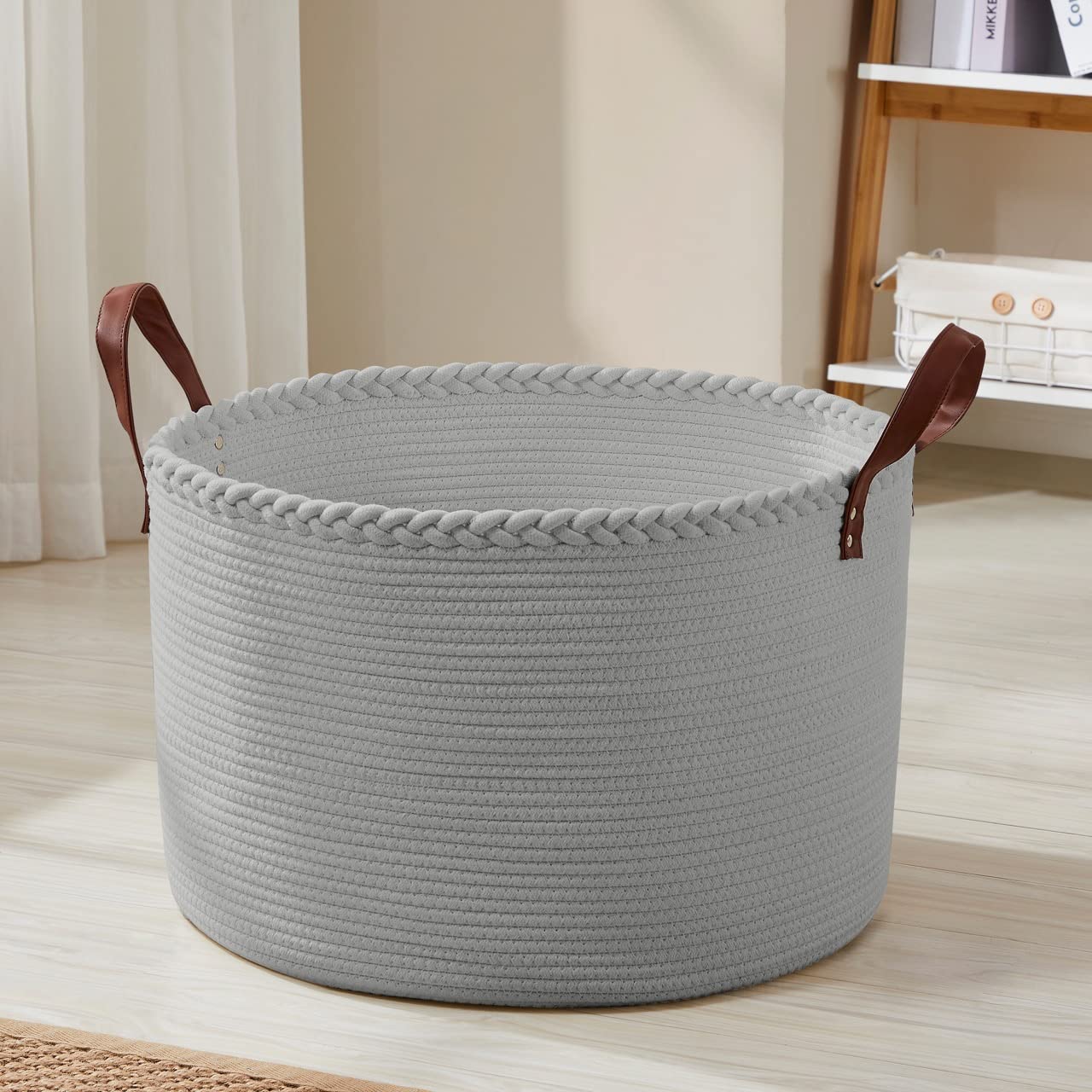 Organizix XLarge Round Cotton Rope Storage Basket Bin Organizer Laundry Hamper with Leather Handles, 21 x 21 x 14, Extra Large Blanket Woven Toy Basket for Baby Nursery - Gray