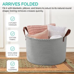 Organizix XLarge Round Cotton Rope Storage Basket Bin Organizer Laundry Hamper with Leather Handles, 21 x 21 x 14, Extra Large Blanket Woven Toy Basket for Baby Nursery - Gray