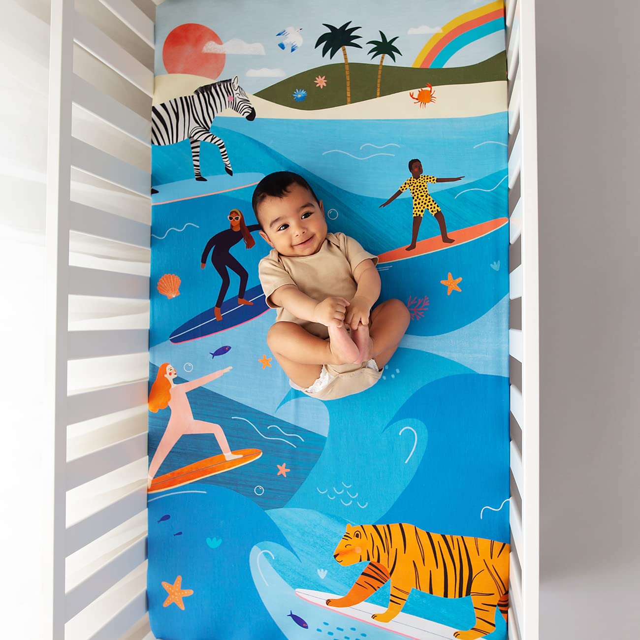 Rookie Humans 100% Cotton Sateen Fitted Crib Sheet: Surfing Safari. Modern Nursery, Use as a Photo Background for Your Baby Pictures. Standard Crib Size (52 x 28 inches)