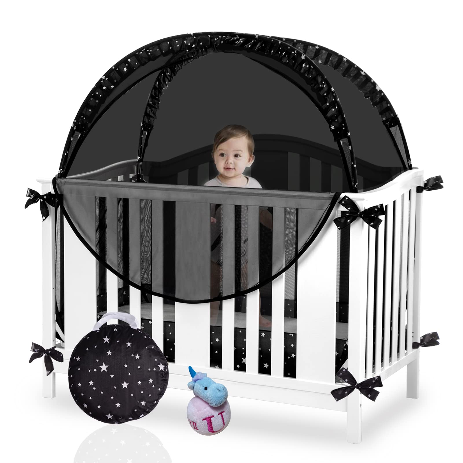 Safety Crib Net to Keep Baby in Black Pop up Crib Cover to Keep Baby from Climbing Out Blackout Crib Cover Mosquitero Net for Baby Travel Easy