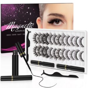 3d natural magnetic eyelashes with eyeliner kit, lightweight lashes natural look, 12 pairs false lashes kit, no glue needed reusable easy to use (12 pair)