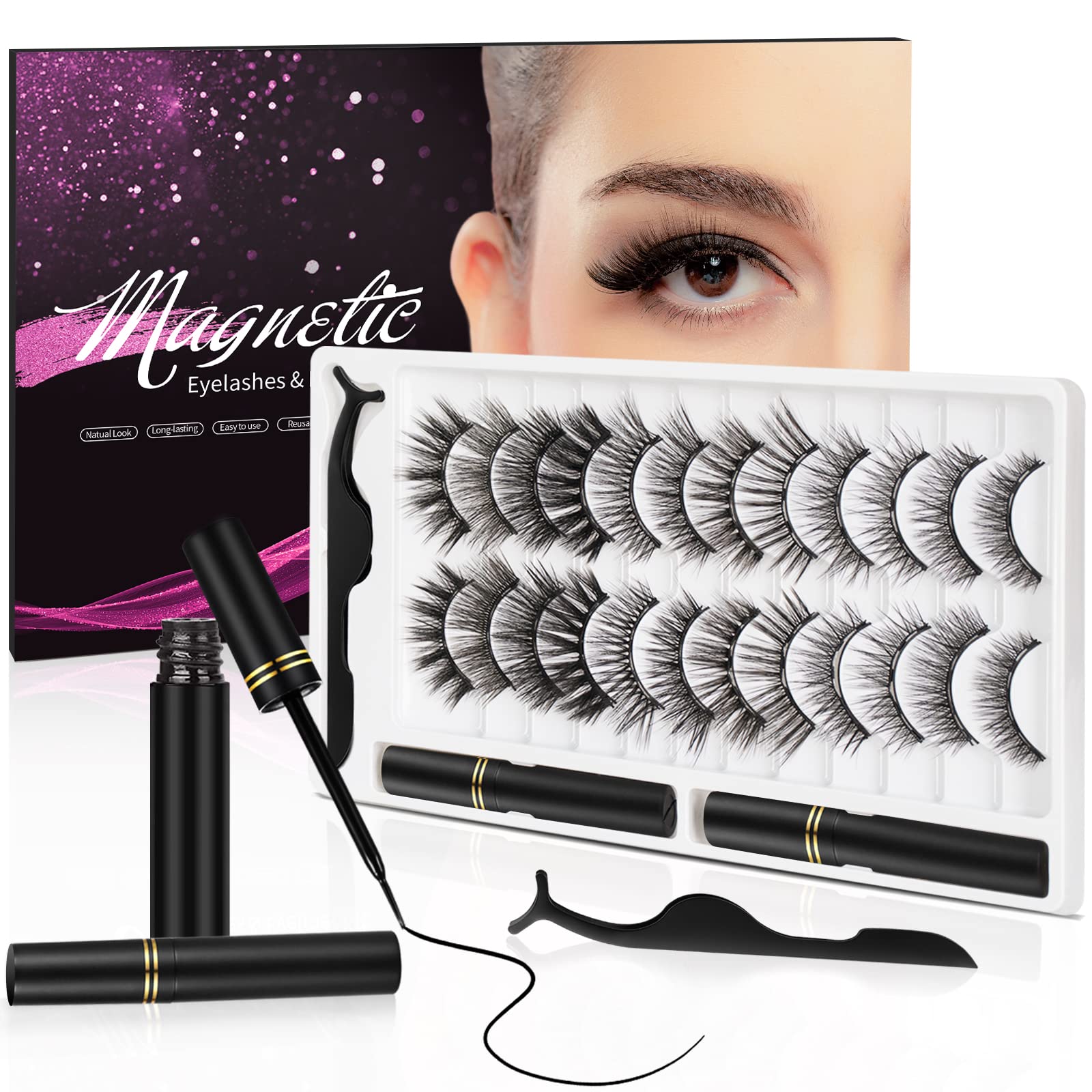 3D Natural Magnetic Eyelashes with Eyeliner Kit, Lightweight Lashes Natural Look, 12 Pairs False Lashes Kit, No Glue Needed Reusable Easy to Use (12 Pair)