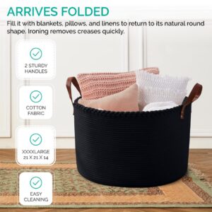 Organizix XLarge Round Cotton Rope Storage Basket Bin Organizer Laundry Hamper with Leather Handles, 21 x 21 x 14, Extra Large Blanket Woven Toy Basket for Baby Nursery - Black