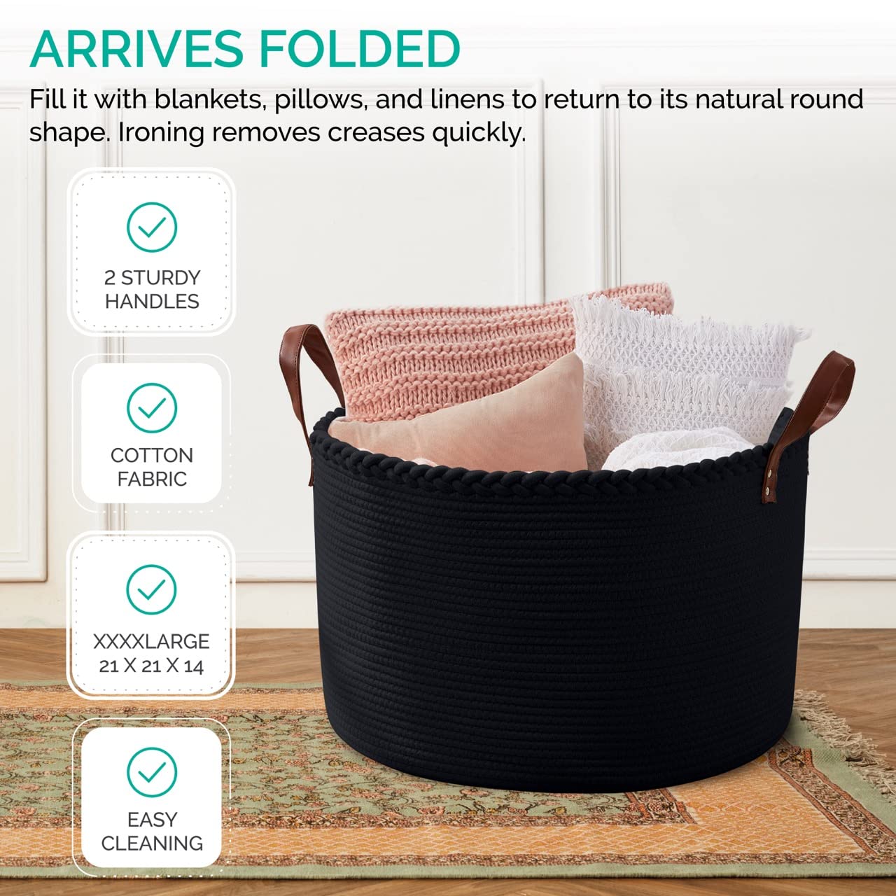 Organizix XLarge Round Cotton Rope Storage Basket Bin Organizer Laundry Hamper with Leather Handles, 21 x 21 x 14, Extra Large Blanket Woven Toy Basket for Baby Nursery - Black