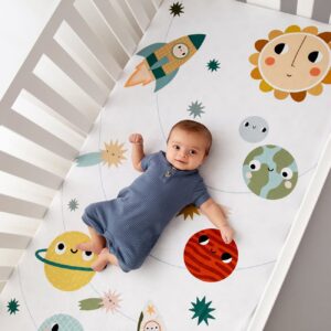 Rookie Humans 100% Cotton Sateen Fitted Crib Sheet: Space Explorer. Modern Nursery, Use as a Photo Background for Your Baby Pictures. Standard Crib Size (52 x 28 inches)