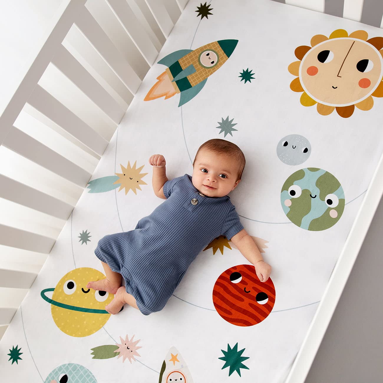 Rookie Humans 100% Cotton Sateen Fitted Crib Sheet: Space Explorer. Modern Nursery, Use as a Photo Background for Your Baby Pictures. Standard Crib Size (52 x 28 inches)