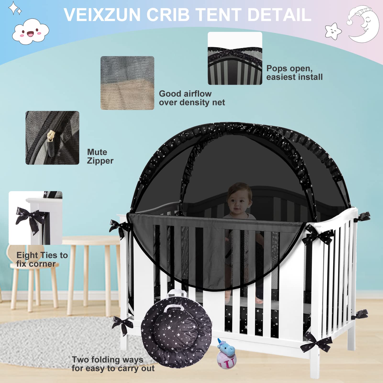 Safety Crib Net to Keep Baby in Black Pop up Crib Cover to Keep Baby from Climbing Out Blackout Crib Cover Mosquitero Net for Baby Travel Easy