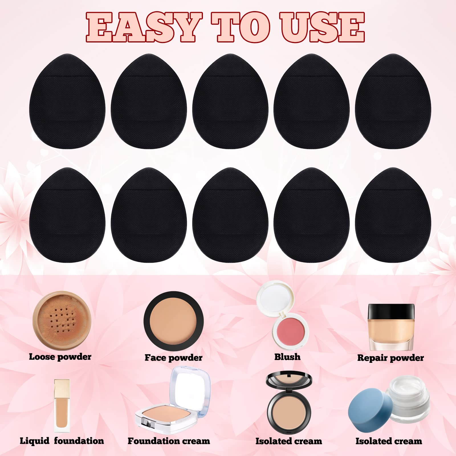 48 Pcs Powder Puff Mini Makeup Sponges Finger Size Face Powder Puff with Strap Water Drop Shaped Makeup Puff for Contouring Foundation Concealer Repair Cream Wet Dry Makeup Tool (Black)