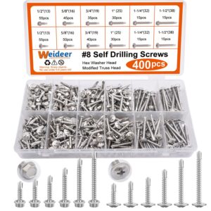 weideer 400pcs #8 self tapping screws sheet metal screws 410 stainless steel truss head hex washer head self drilling screws high-strength quick tapping screws (1/2"to1-1/2") k-056-400p