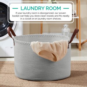 Organizix XLarge Round Cotton Rope Storage Basket Bin Organizer Laundry Hamper with Leather Handles, 21 x 21 x 14, Extra Large Blanket Woven Toy Basket for Baby Nursery - Gray