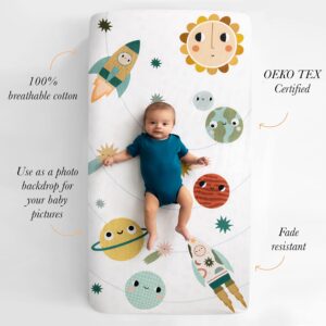 Rookie Humans 100% Cotton Sateen Fitted Crib Sheet: Space Explorer. Modern Nursery, Use as a Photo Background for Your Baby Pictures. Standard Crib Size (52 x 28 inches)