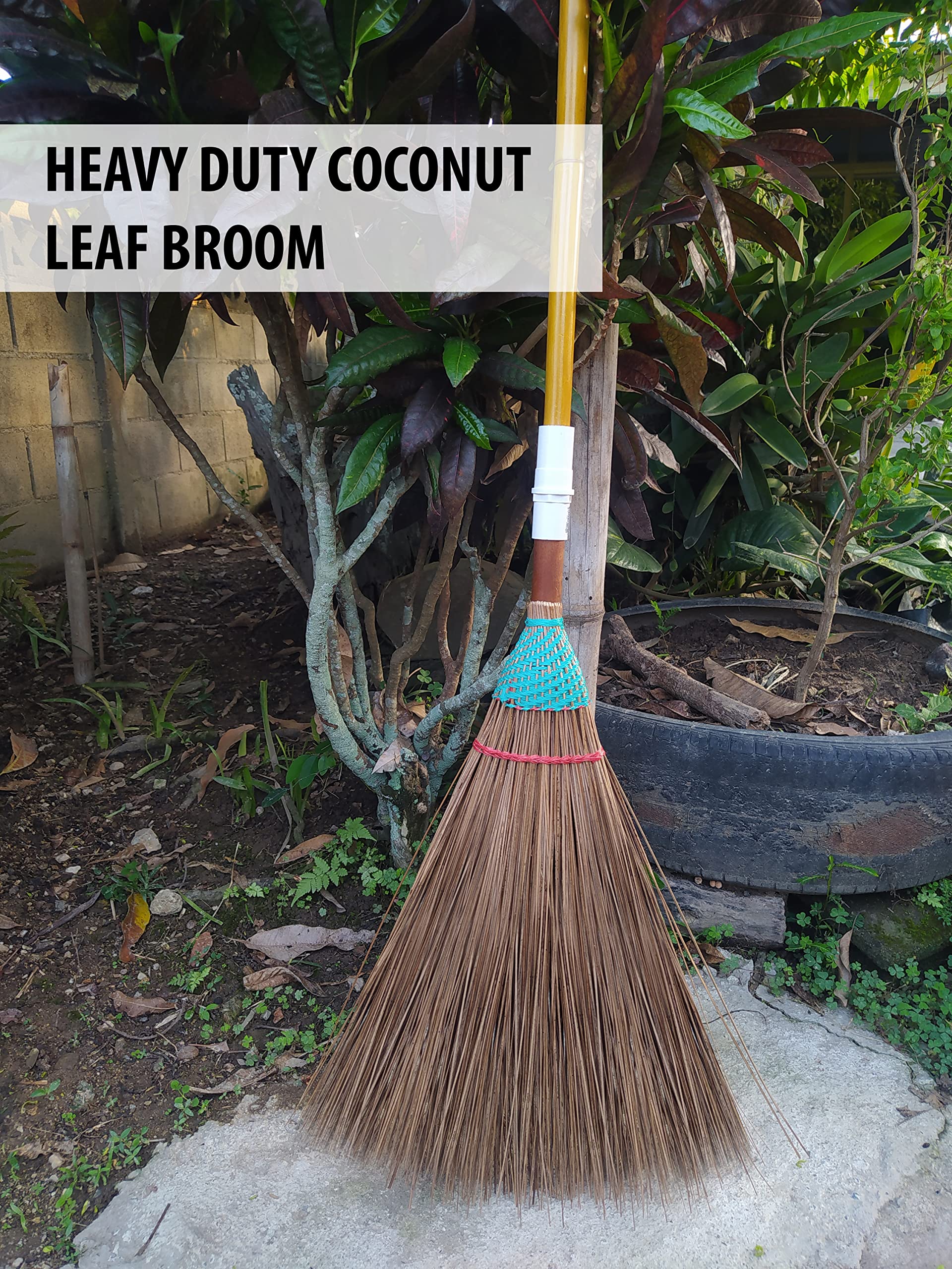 Garden Broom, 61 Inch, Natural Coconut Leaf Broom,Outdoor Brooms, Sweep Snow and Wet Leaves Multi-Surfaces Sturdy Outdoor Coconut Leaf Broom Bamboo Stick Handle Durable Broom Asian Heavy Duty Broom