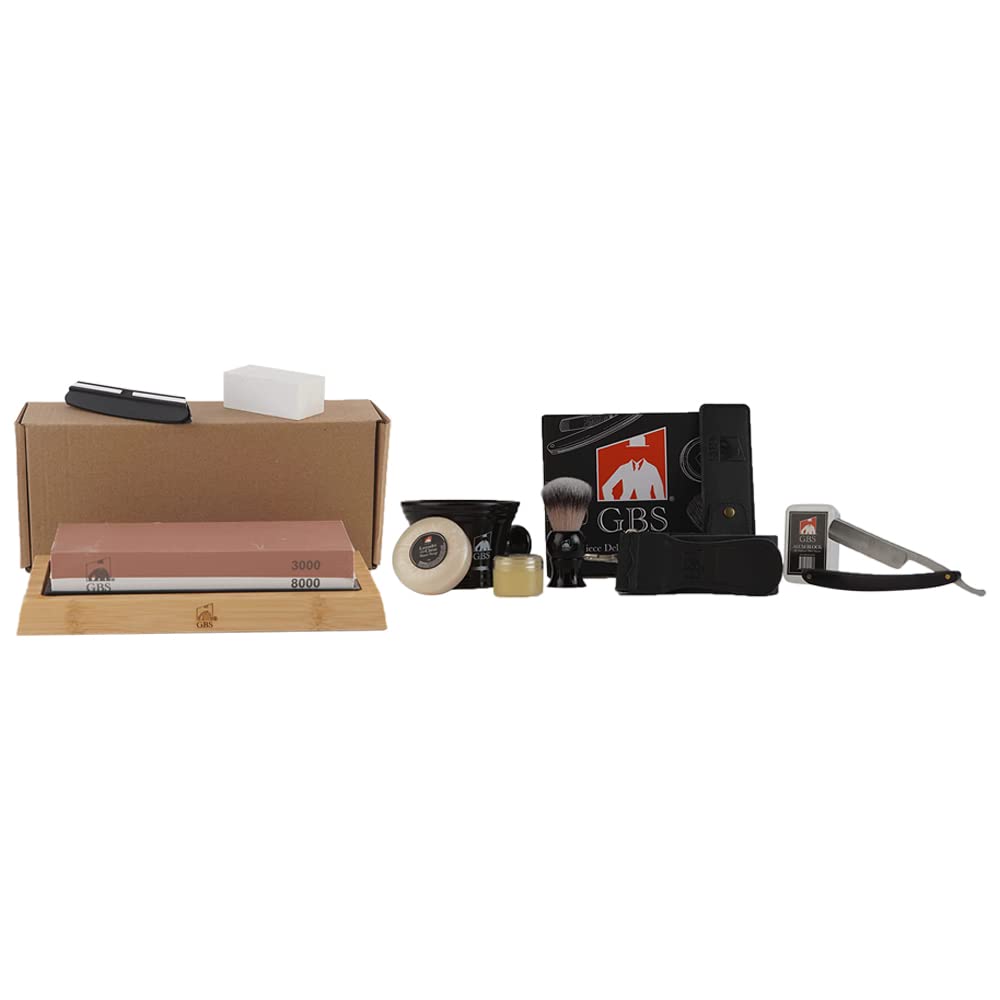 G.B.S Whetstone Knife Sharpening Stone 2 Sided Grit 3000/8000 Waterstone and Black Luxury Shaving Kit - Wood Straight Razor, Mug, Natural Soap, Brush, Alum block, Strop and Paste