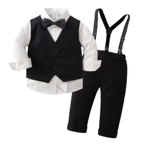 baby boys long sleeve dress shirt with bowtie + suspender pants + vest gentleman outfit for infant black 18-24m