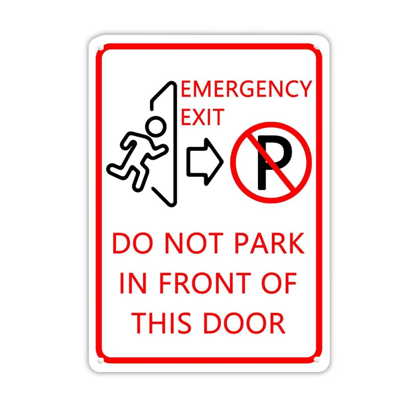 Warning Metal Sign Emergency Exit Do Not Park in Front of This Door Outdoor Tin Metal Sign Fade Resistance Durable Rust Free UV Protected Metal Decor Wall Decorative For Cafes Pubs Home Gate 14x10in