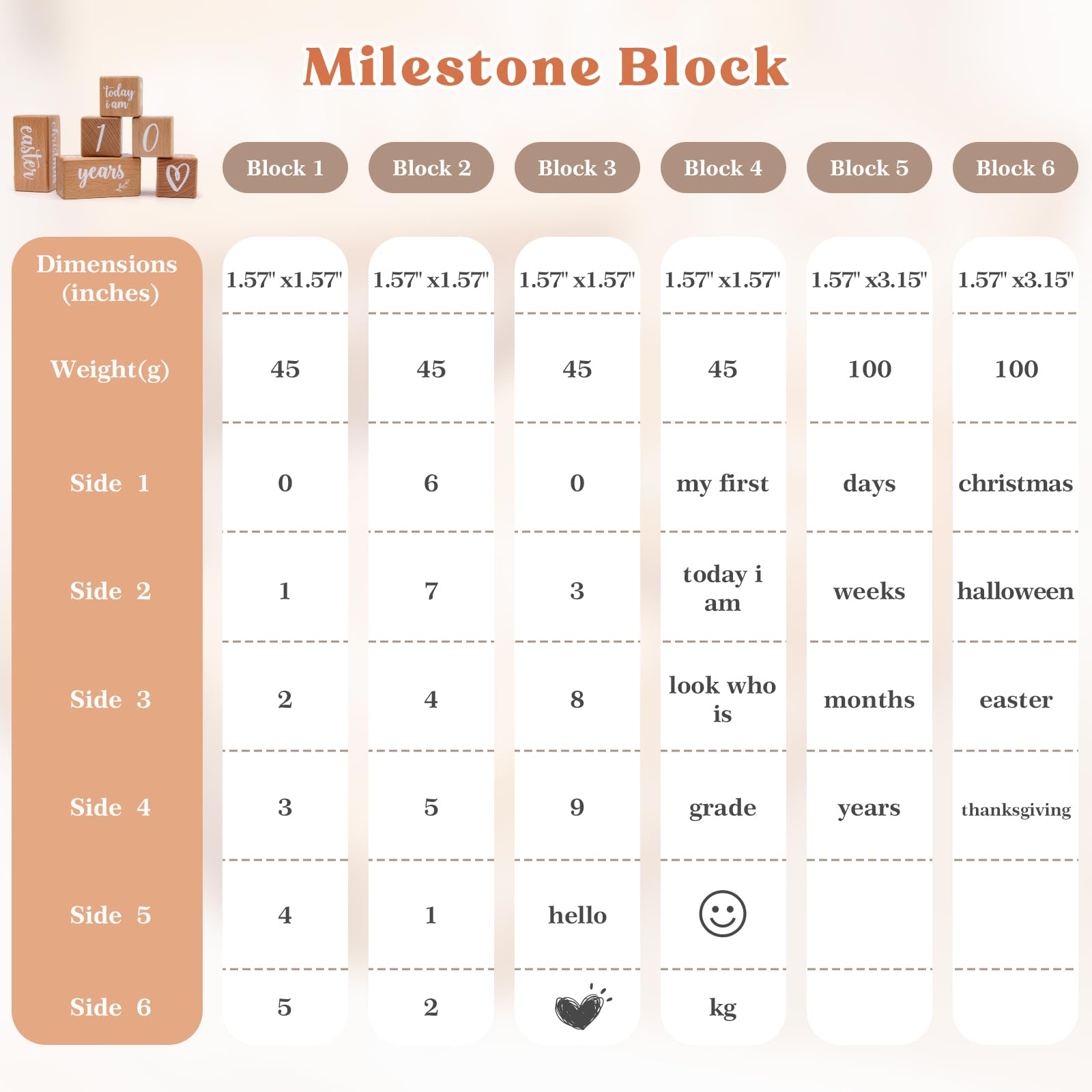 Monthly Baby Milestone Blocks Set of 6 Baby Age Blocks for Monthly Milestone Baby Age Milestone Signs Wooden Baby Photo Props Set Perfect for Baby Shower and Keepsake (Gift Set 6 PCS)