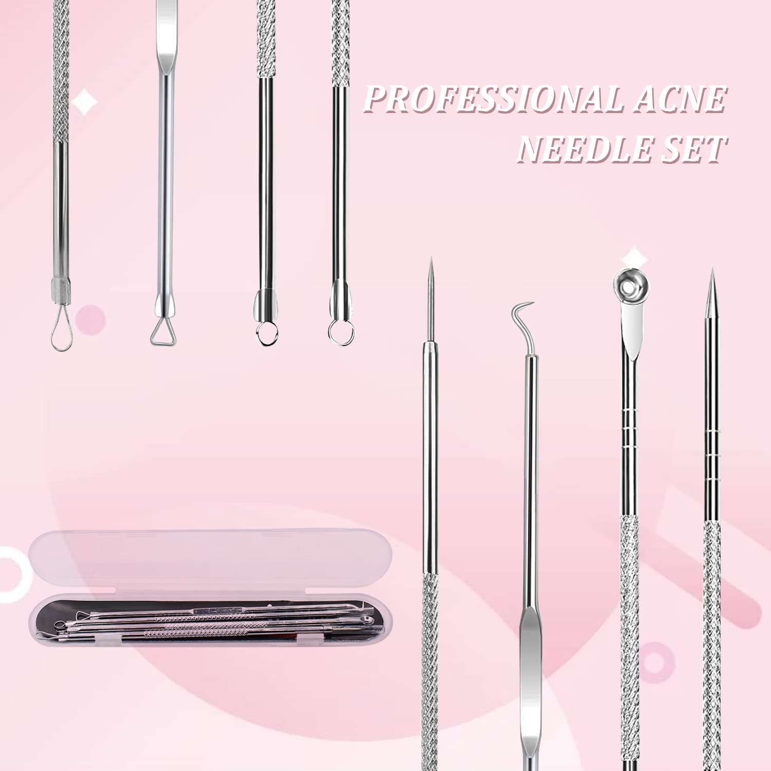 4PCS Blackhead Acne Removal Extractor, Curved Blackhead Tweezers Kit, Professional Stainless Pimple Acne Blemish Removal Tools Kit with Storage Box