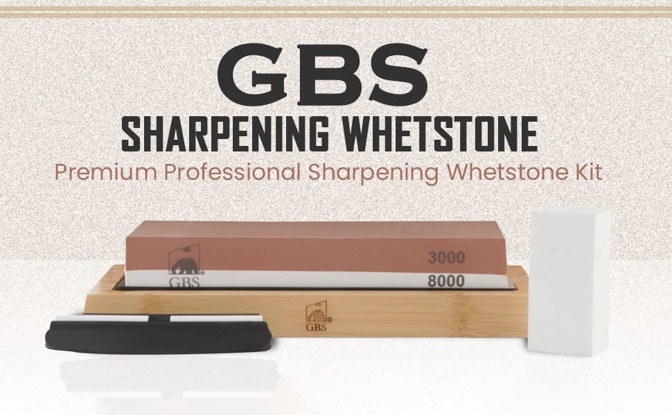 G.B.S Whetstone Knife Sharpening Stone 2 Sided Grit 3000/8000 Waterstone and Black Luxury Shaving Kit - Wood Straight Razor, Mug, Natural Soap, Brush, Alum block, Strop and Paste